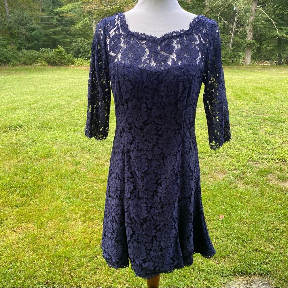 ELIZA J DRESS BLUE FLORAL LACE 3/4 SLEEVE KEYHOLE BACK SIZE 6